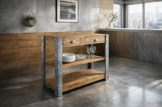 Console industrielle bois massif et montants effet métal riveté — meuble de rangement style industriel sur mesure avec tiroirs et étagères