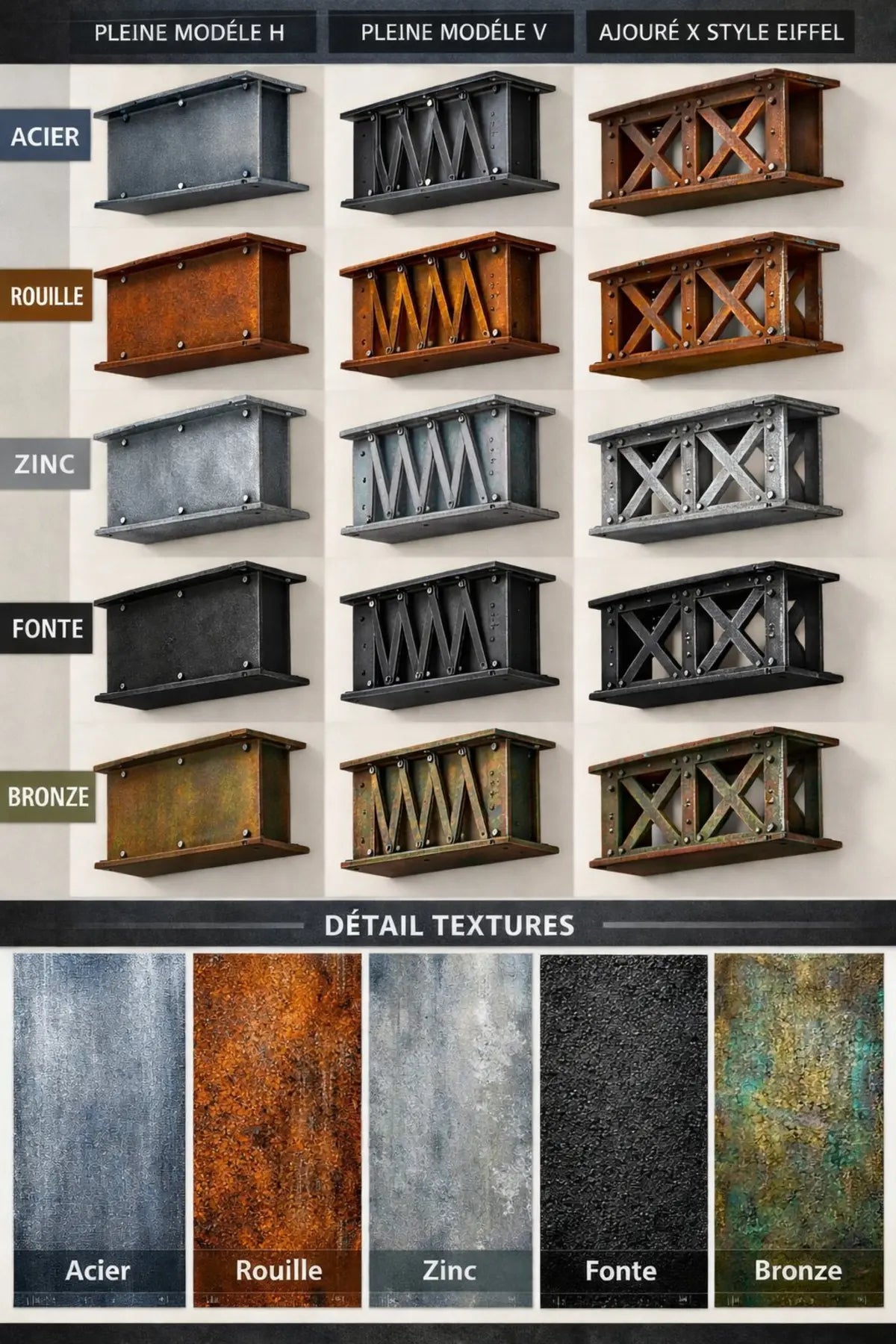 Fausses poutres IPN — tous les styles et finitions disponibles : pleine H, pleine V, ajouré X Eiffel en acier, rouille, zinc, fonte et bronze