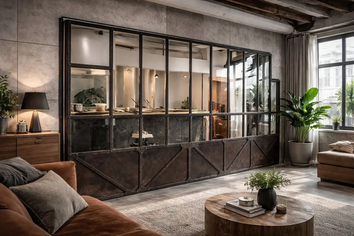 Verrière industrielle à rivets effet acier dans un salon loft, décoration industrielle sur mesure Sel d'Embrun